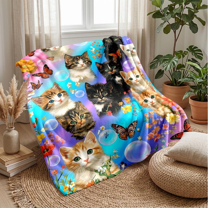 Kittens and Butterflies Theme blanket Lightweight Warm Flannel Blanket Decorative Throw Blanket for Home Decoration