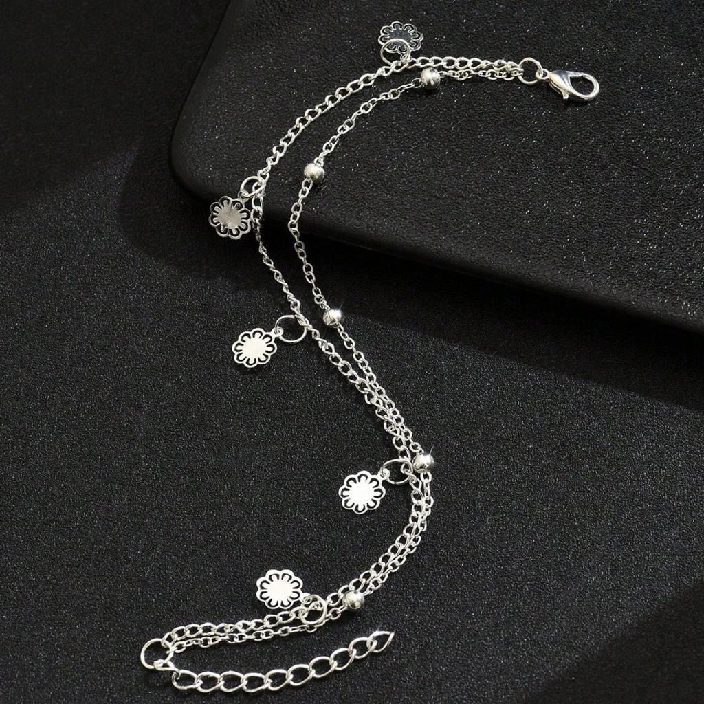 1 Pc Double Layer Anklet With Flower Charms Romantic Sweet Unique Personal Fashion Accessories,Suitable for All Seasons