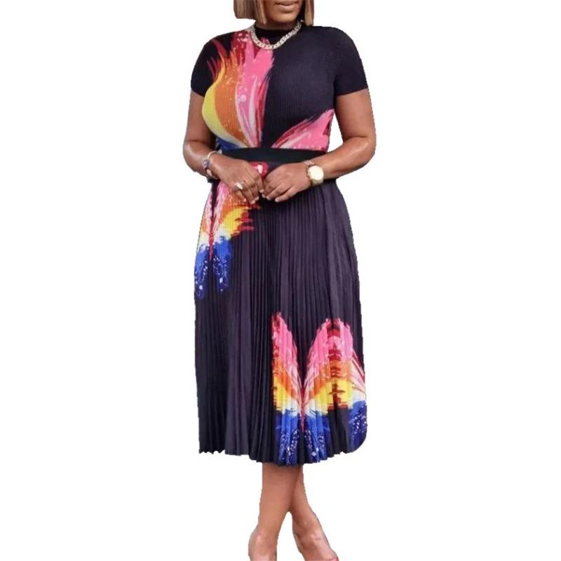 Large size women's clothing summer fashion temperament printed short-sleeved top pleated pendulum skirt set