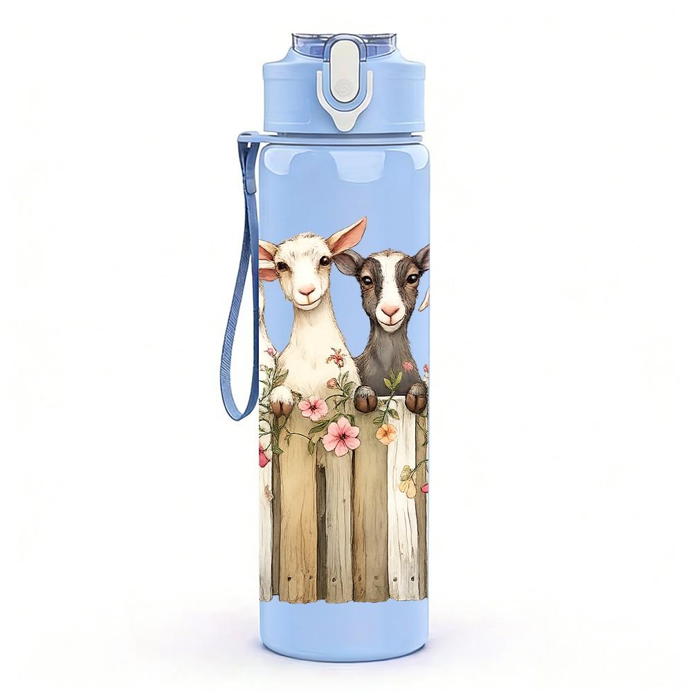 1PC Wooden Fence Floral Bouquet Print 750ml Color Plastic Sports Water Bottle Leakproof Flip Straw Lid Suitable for Sports Office Home Use