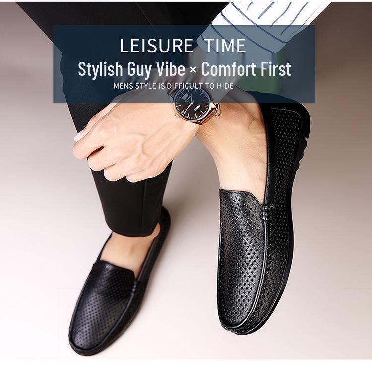 Men's Hollow Leather Slip-On Loafers - Breathable, Summer, Low-Top Flats, Large Size Cowhide Casual Shoes