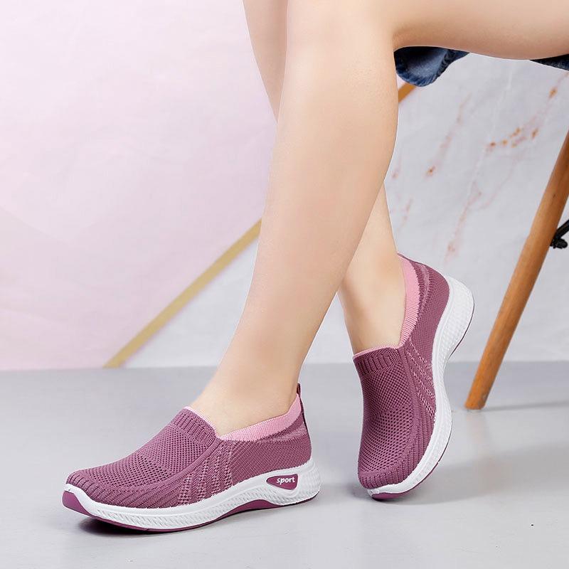 Women's Single Shoes Mesh Shoes Spring and Summer Breathable Casual Mother Shoes Medium Old Flat Bottom One Pedal Elastic Low Top Shoes