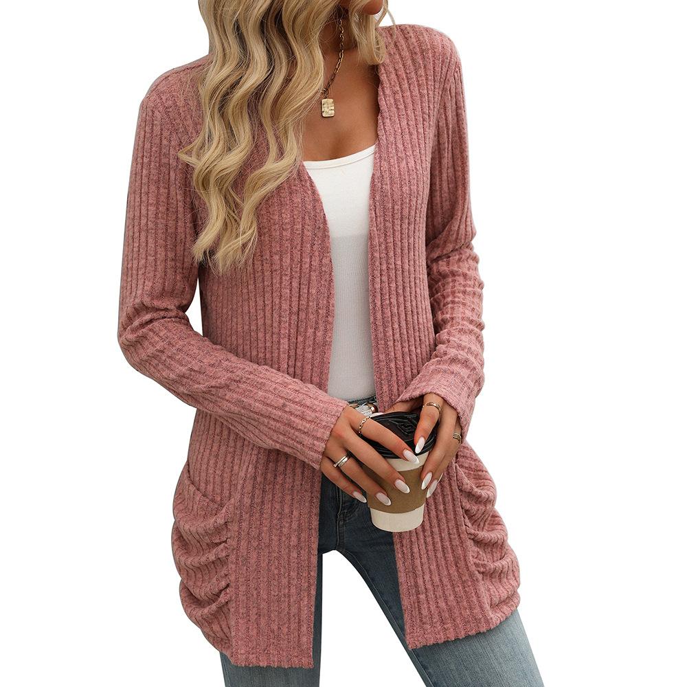 Outono e inverno feminino malhas cor sólida pit listra escovado bolso cardigan manga longa jaqueta