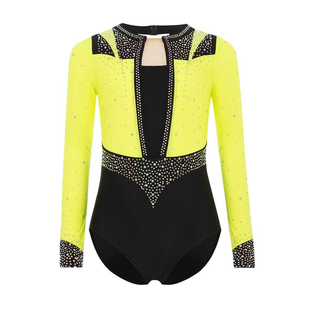 Girls Gymnastics Leotard Long Sleeve Keyhole Back Shiny Rhinestones Figure Skating Dancewear