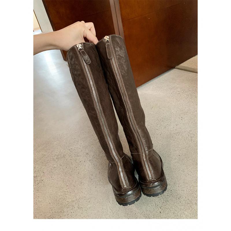 

Ретро Вымытая Лошадиная Кожа Высокие Трубы Узкие Полусапоги Средней Длины Толстый Каблук Толстая Подошва Рыцарские Сапоги Женские 34