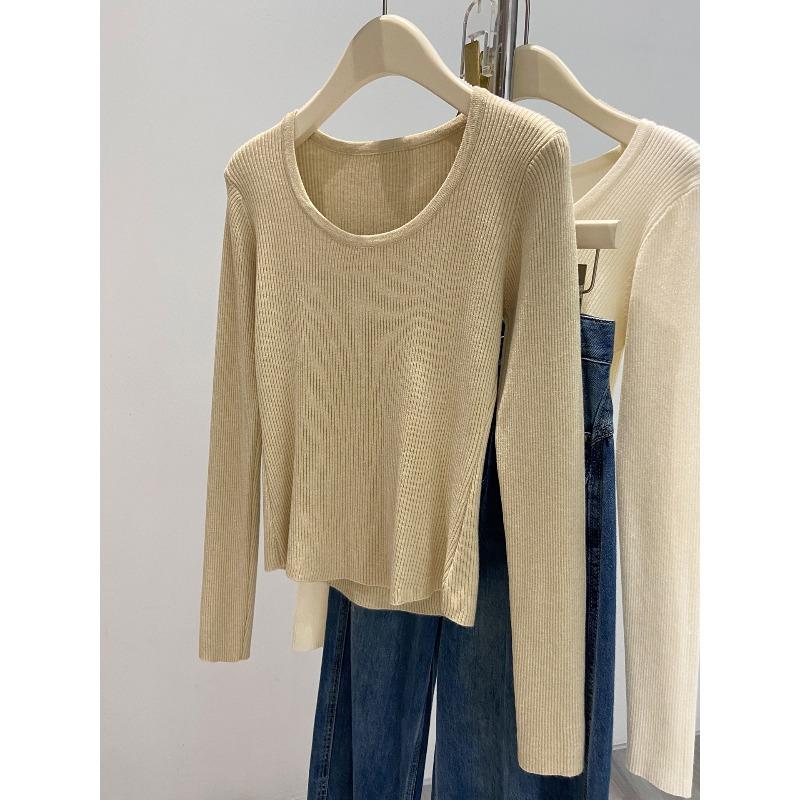Texture u-neck front shoulder bottom knitted sweater women's autumn and winter slim-fit soft waxy sweater long-sleeved top