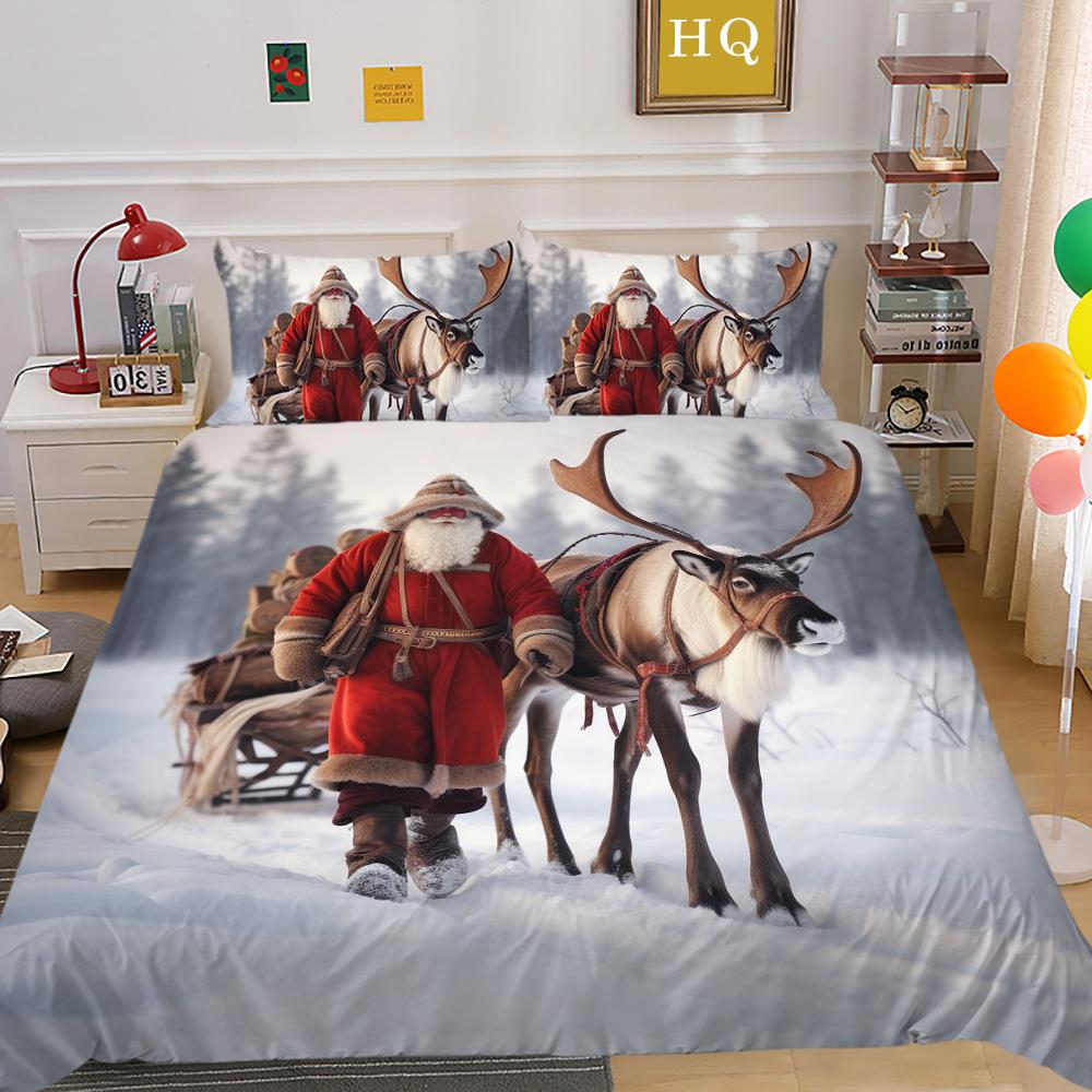 Christmas Carriage Snow Scene 3D Printed Polyester Pillowcase Quilt Cover Two Or Three-Piece Set Can Be