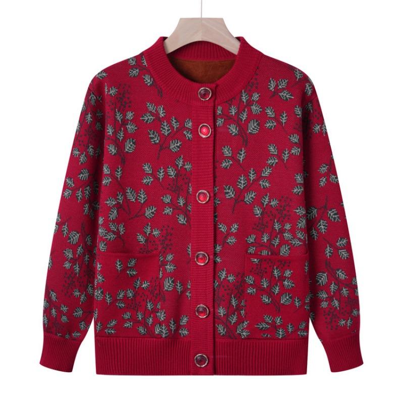 Mom autumn integrated fleece cardigan sweater jacket female grandma fleece knitted sweater autumn and winter top medium and old women's clothing