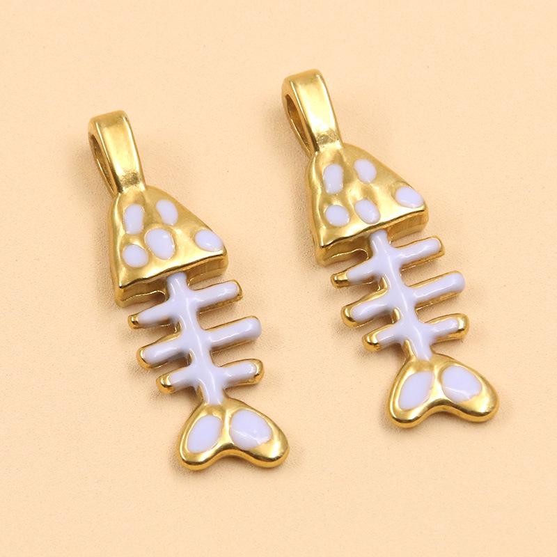 304 Stainless Steel Colorful Enamel Rhinestone Fish Bone Pendant for DIY Jewelry 1 piece