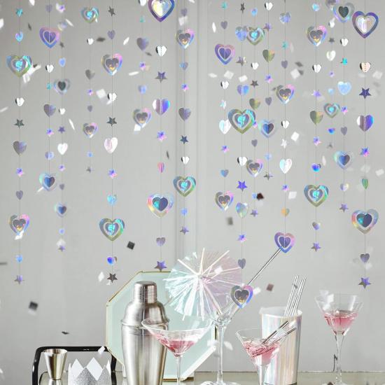 40Ft Iridescent 3D Heart Twinkle Star Garland Holographic Paper Streamer Banner for Birthday Mother's Day Anniversary Engagement Wedding Bridal Baby