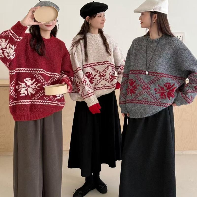 Vintage Christmas knitted pullover sweater for women's red autumn and winter new lazy wind loose soft waxy knitted sweater for women