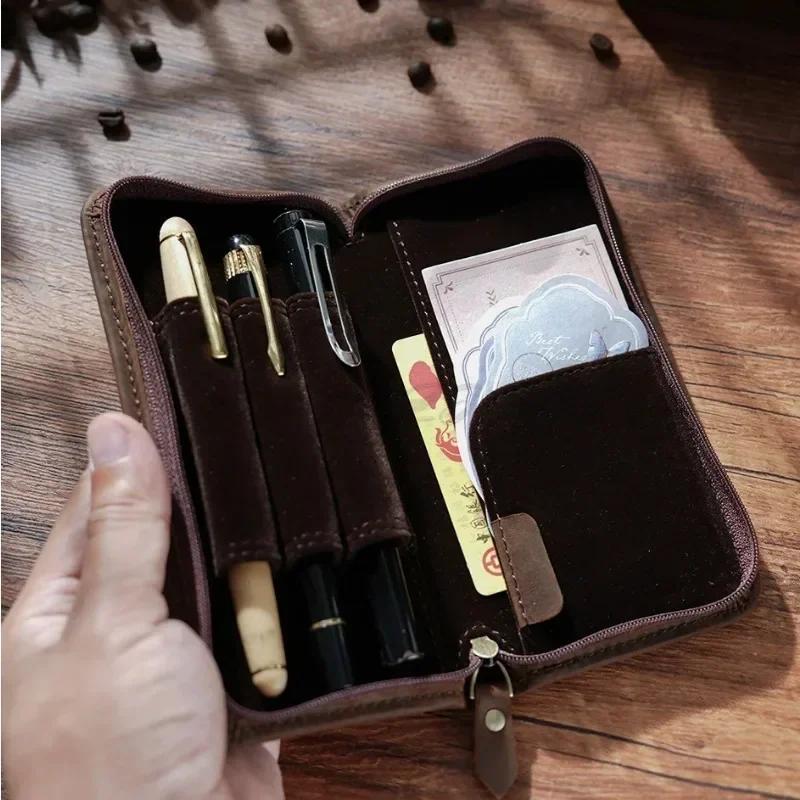 Office Student Cowhide Retro Crazy Horse Leather Square Zipper Pencil Case Creative Large Capacity Ticket Storage Box