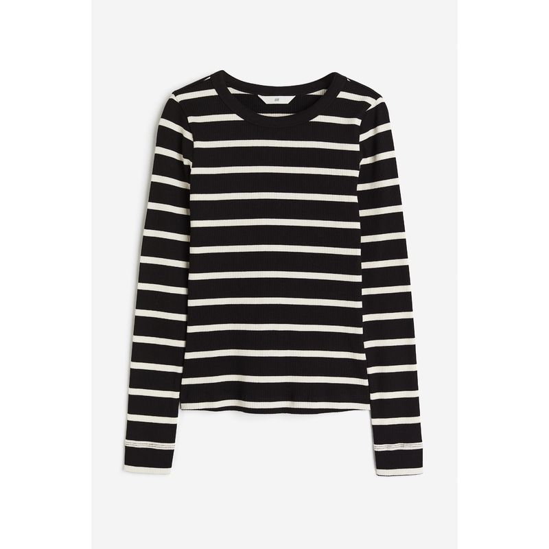 

HM Women s T-shirt Autumn Elastic Plaid Fashion Casual Cotton Rib Jersey Tops 1203084 Black/White Stripes 155/80A