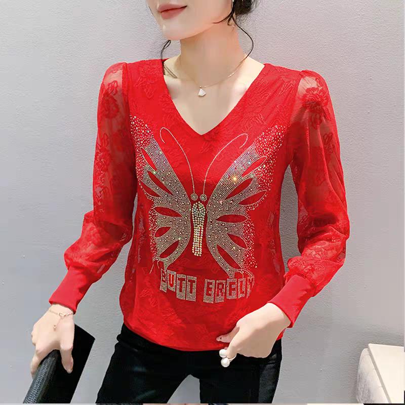 Primăvară Toamnă Nou Mânecă Lungă Sexy Dantelă Tricou Femei Casual Gât în V Fluture Diamante Fierbinți Tricou Doamnelor Topuri Elegante