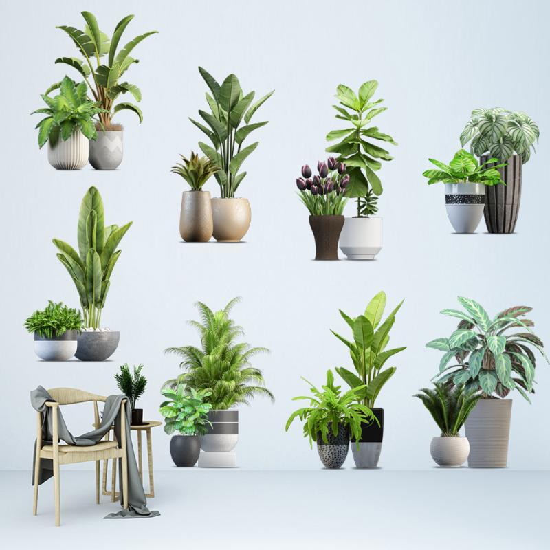 2Pcs Green Plant Potted Wall Decal Waterproof Removable Wall Sticker for Bedroom Living Room Study Room Home Decor