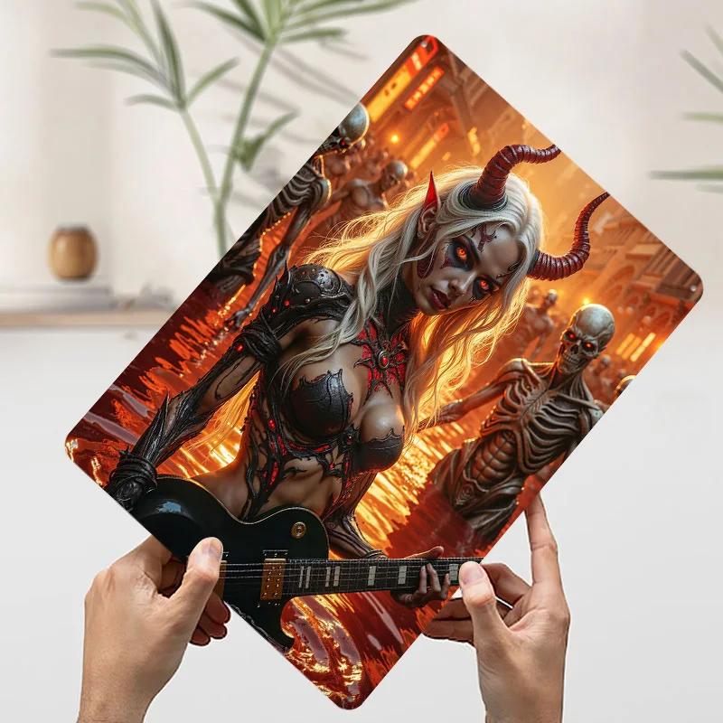 Demon Girl Playing Guitar in Hell Printed Poster Customized Wall Art Retro Vintage Metal Tin Signs for Home Decor Items Man Cave