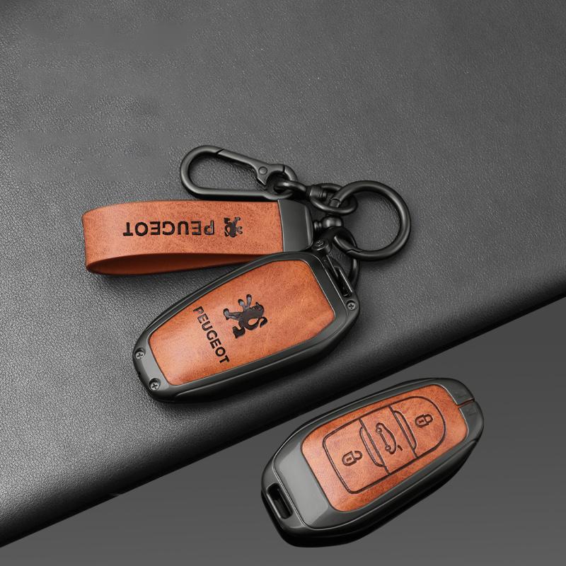 Zinc Alloy Leather Car Smart Key Case Shell Cover O Protector Fob for Peugeot 308 408 508 2008 3008 4008 5008 Keychain Accessories