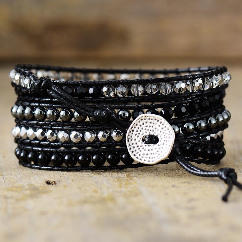 Bourbonmi Stone and Crystal Handmade Beaded Bracelet, European and American Retro Style, 5-strand Wrapped Woven Bangle, Friendship Jewelry.