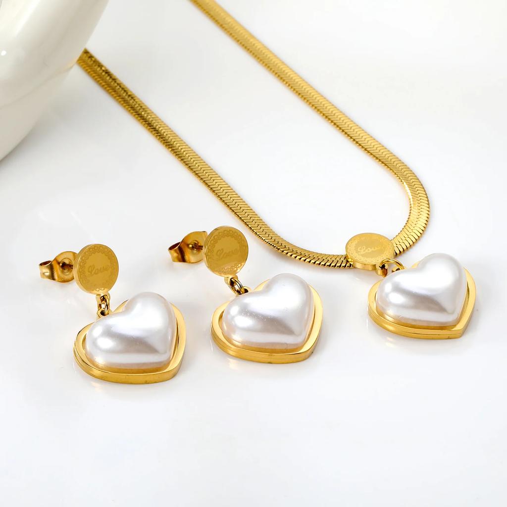 LUXUSTEEL Heart Shaped Pendants Necklace Earring Sets Imitaiton Zircon For Women Girl Stainless Steel Chain Necklace Zircon Gift