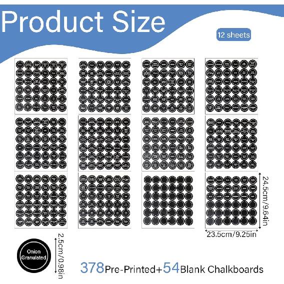 432pcs Spice Labels - Black, 1.4in Round, Waterproof, Preprinted & Blank for Jars, Caps & Organizers