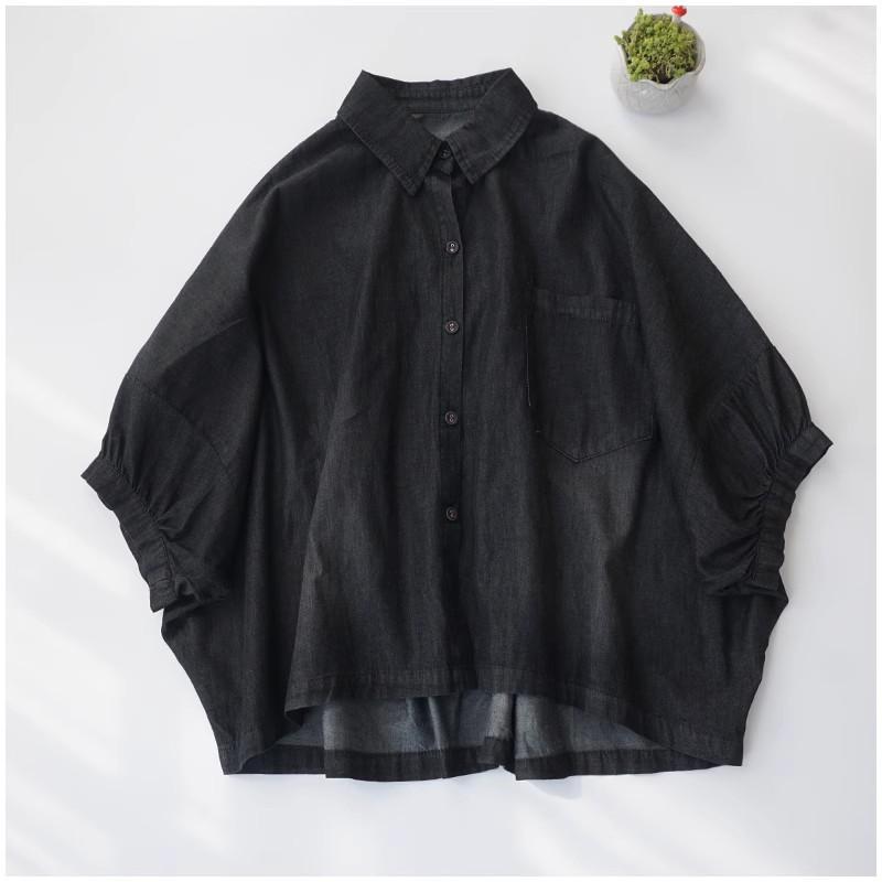 

Johnature женские винтажные джинсовые рубашки топы с рукавами летучая мышь весенние блузки на пуговицах весенние отложные цветные свободные рубашки One Size чёрный