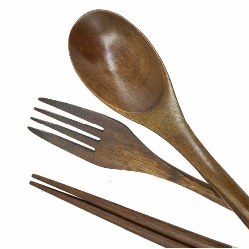 MERMOO Wooden Chopsticks Set, Bento Cutlery Set, Wooden Chopsticks, Spoon, Fork, with Chopstick Bag, 4-Piece Set, Safe, Non-Toxic, Convenient for Adul