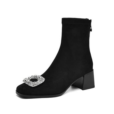 Flock Vintage Autumn Winter Shoes Modern Boots Med Heels Crystal Square Toe Keep Warm Size 43 Elastic Ankle Boots