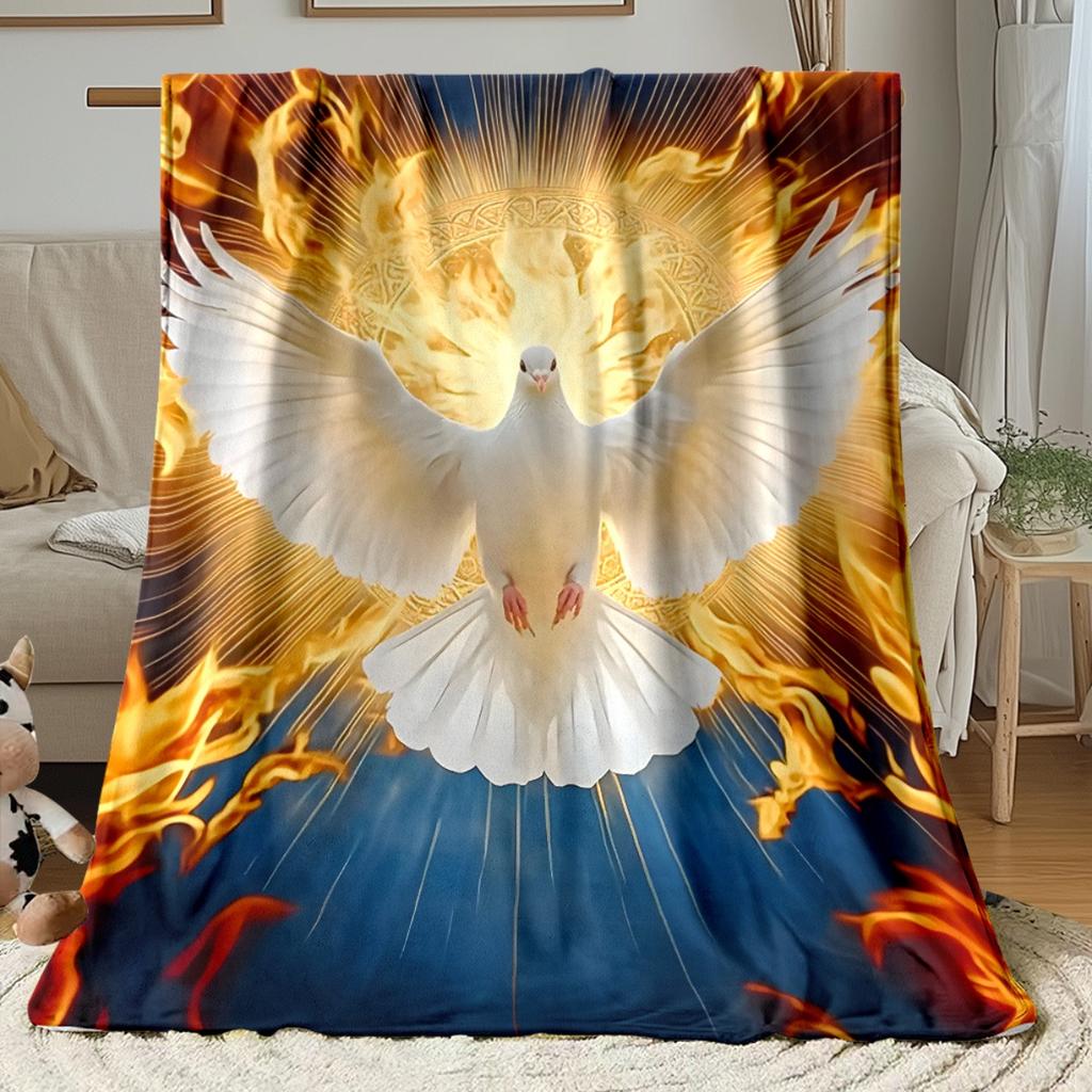 Holy Dove Flame Heaven Religious Symbol Flannel Blanket Spiritual Gift Christian Art Soft Warm Throw Cover for Home WorshipDecor