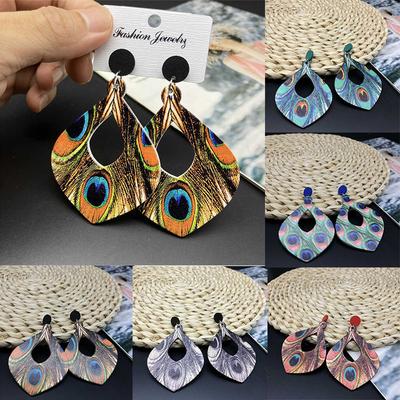 Peacock Feather Retro Ethnic Style Wooden Earrings Bohemian Long Earrings