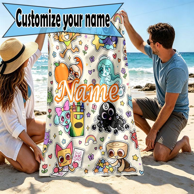 Custom Name Personalized Dandy's World Print Beach Towel, for Trip Camping Beach Party Home Decor, Birthday Gift for Family & Friends