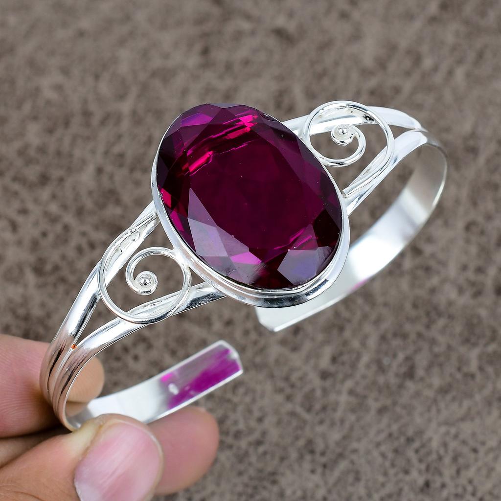 Pink Amethyst Gemstone Handmade 925 Sterling Silver Cuff Bangle Adjustable KKG-228
