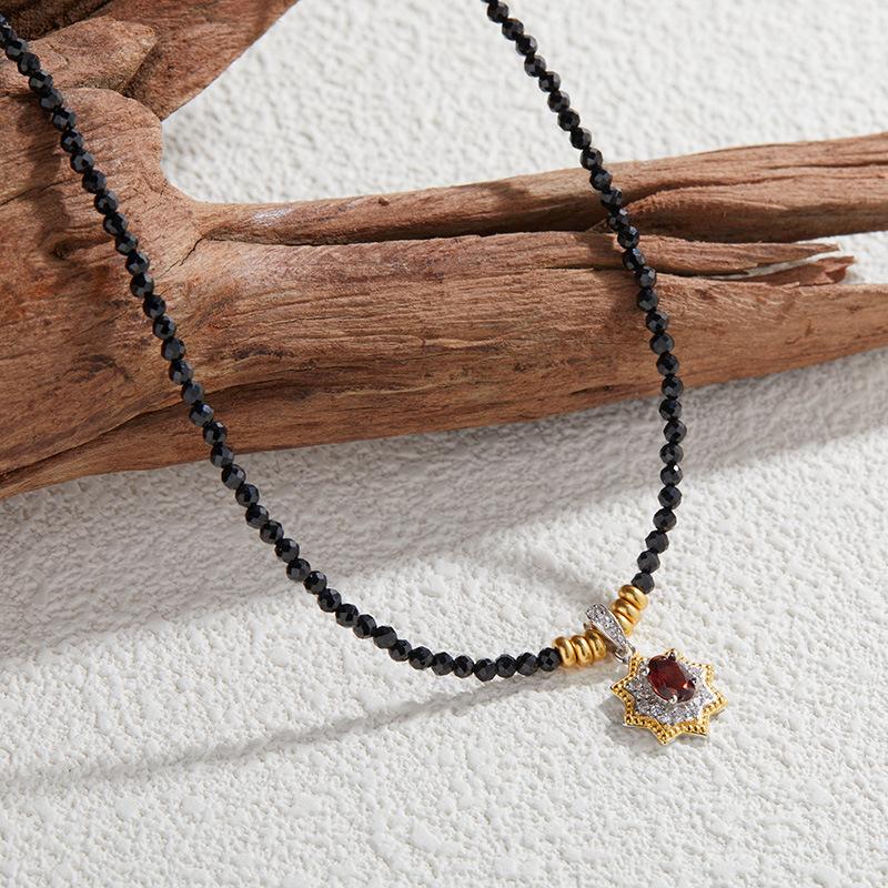 Natural Garnet Pendant Black Spinel S925 Sterling Silver Necklace Women'S Fashion Light Luxury Collarbone Chain