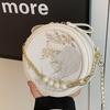 Retro Beige Embroidery Shoulder Bags Women Beaded Chain Round Leather Crossbody Bag Ladies Elegant Premium Luxury Design Bag New