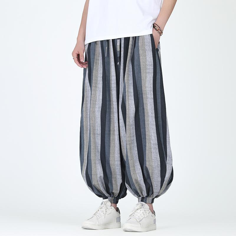 

2025 Лето Мужская уличная одежда Большие брюки Мужские повседневные широкие брюки Harajuku Полосатые шаровары Мужские полосатые свободные брюки 5XL синий