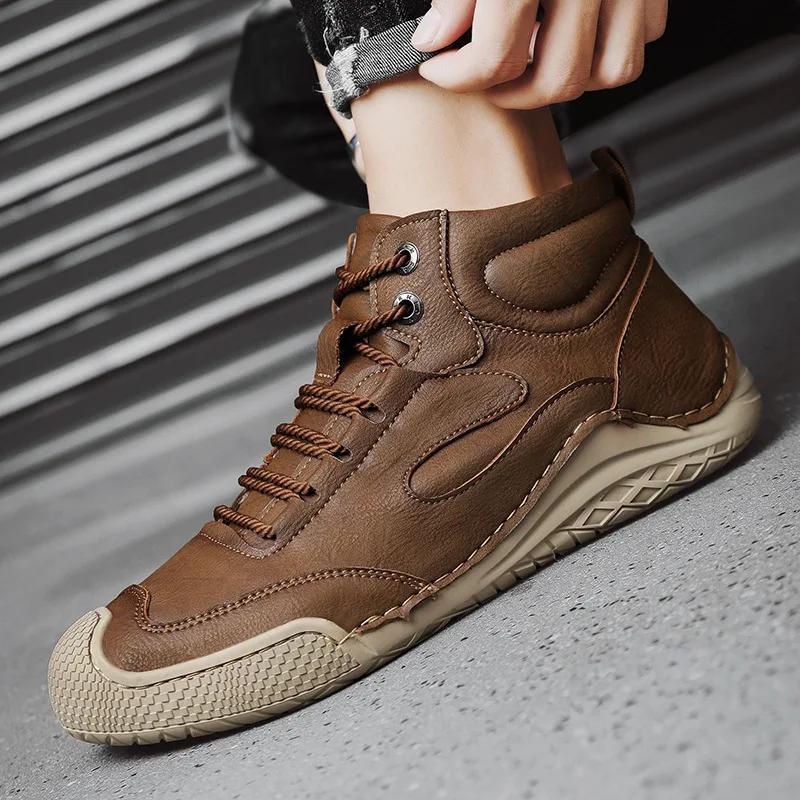 Microfiber Leather Men Shoes Ankle Boots Autumn Winter New 2024 Outdoor Non-slip Casual Hiking Shoes for Men Optional Warm Plush
