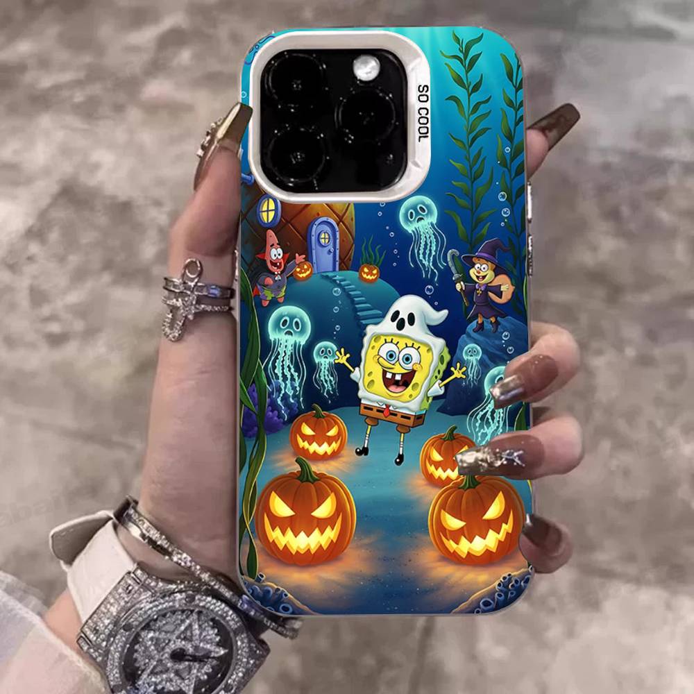Cartoon Niedlich S-SpongeBob Anime Handyhülle Für IPhone 17 16 15 14 11 12 13 Pro Max Pro Plus Farbige Silberne Hülle