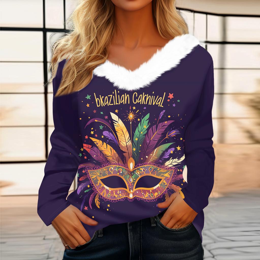 Dámský volný ležérní top s dlouhým rukávem a potiskem, plyšový límec ve tvaru V, top s dlouhým rukávem