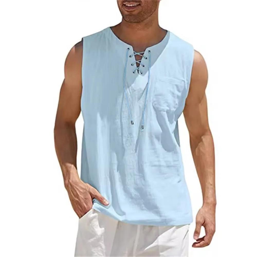 Gilet Casual da Uomo Senza Maniche in Cotone e Lino con Scollo a V Allacciato e Tasca Frontale