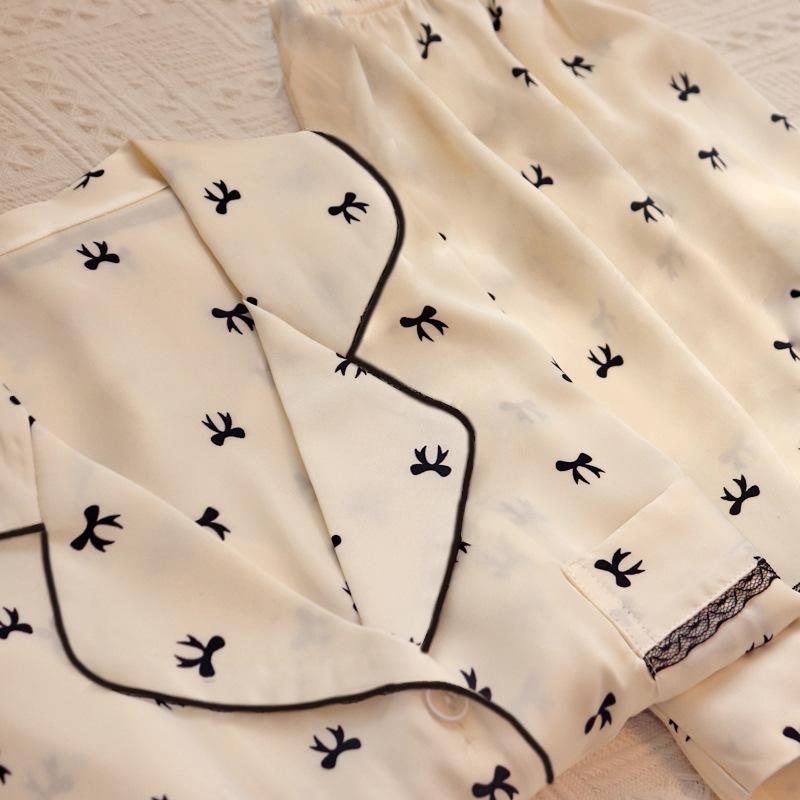 Summer Short-Sleeved Pajamas Women'S Sweet Style Full Print Bow Print Loungewear Two-Piece Set
