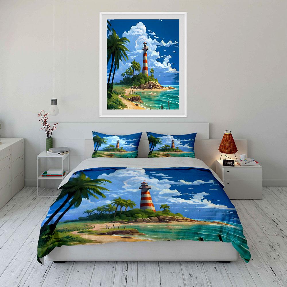 Lighthouse Tropical Beach Scene Bedding Duvet Cover Set (1*Duvet Cover 2*Pillowcases, Without Duvet Insert)
