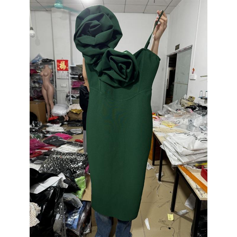 

Весеннее новое платье сексуальное платье на бретельках с трехмерными цветами, темпераментное бандажное платье, женская одежда XL темно-зеленого