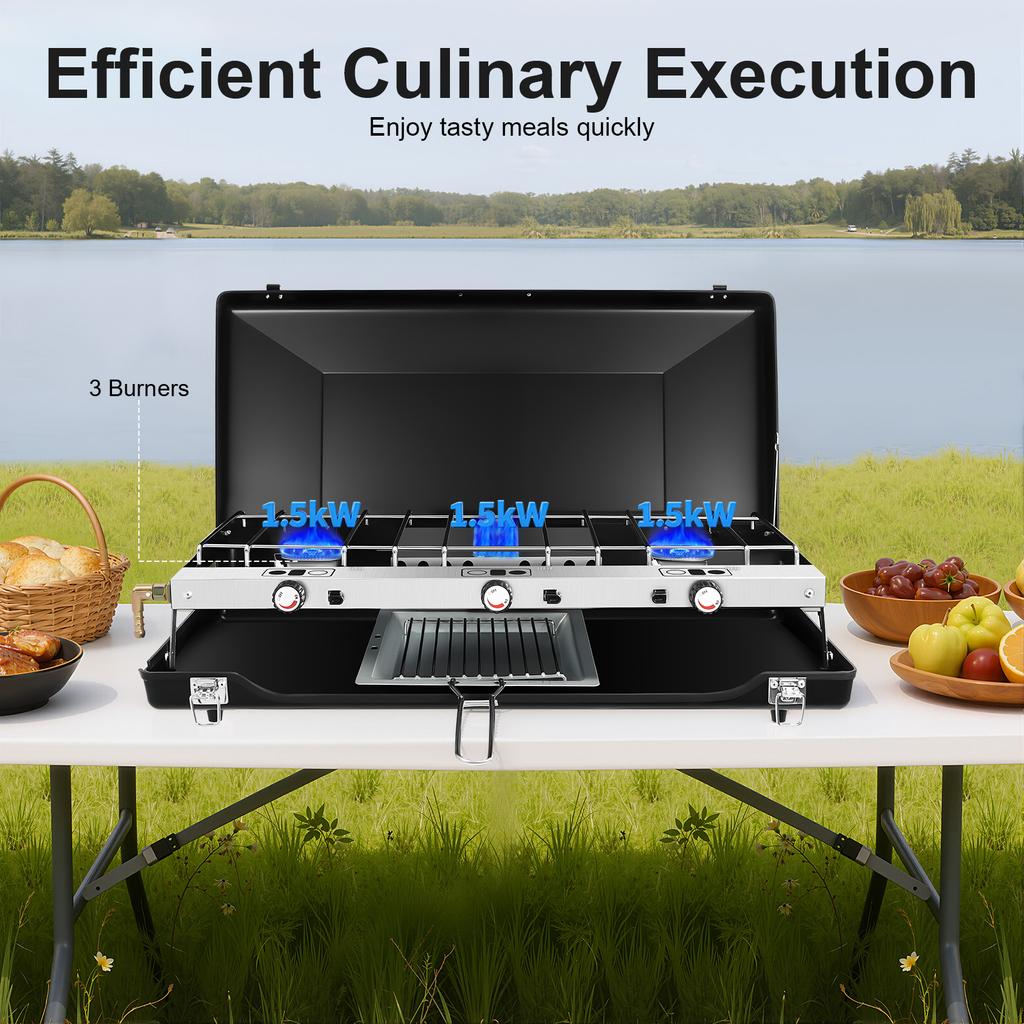Portable 3 Burner Camping Stove Foldable 4.5KW Grill Lightweight Outdoor Picnic BBQ Cookware for Camping Hiking Garden Party