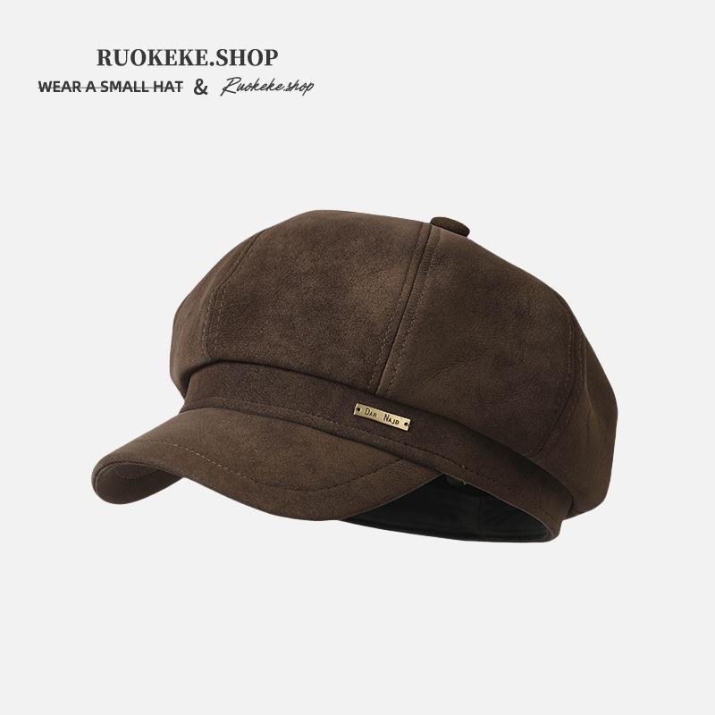 Maillard coffee suede octagonal hat women's autumn and winter warm versatile painter hat retro British newsboy hat
