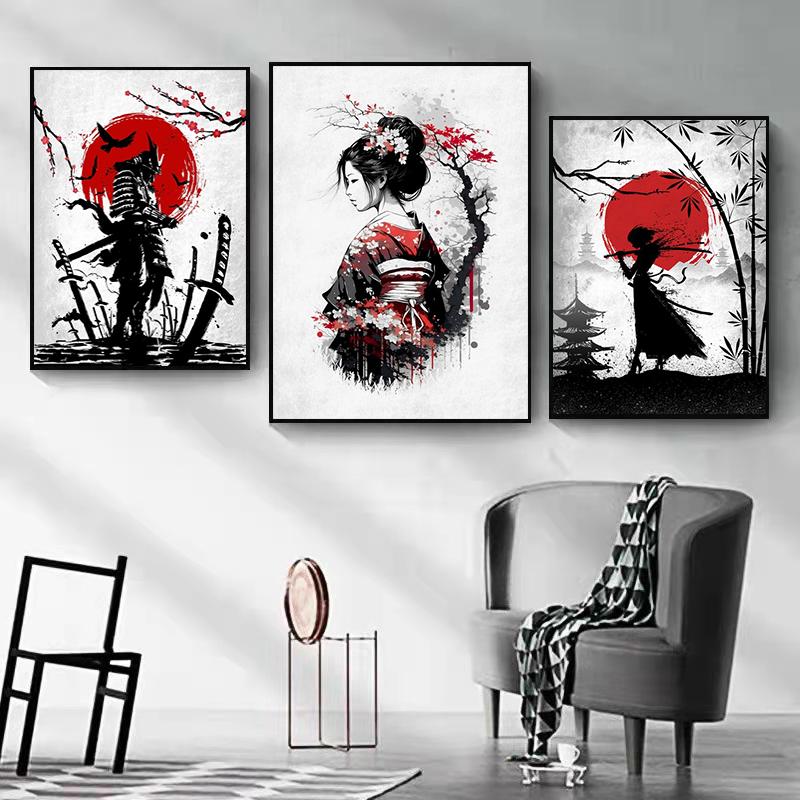 Retro Japanese Samurai Canvas Painting Abstract Warrior Panda And Geisha Poster and Prints Wall Art Pictures for Home Decoration