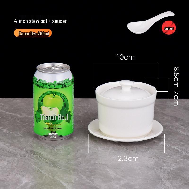 Pure White Ceramic Water-Bath Stew Pot with Gold Rim - Hotel & Commercial Grade, Ideal for Chinese Shaxian, Bird's Nest, and Steam Egg Dishes.