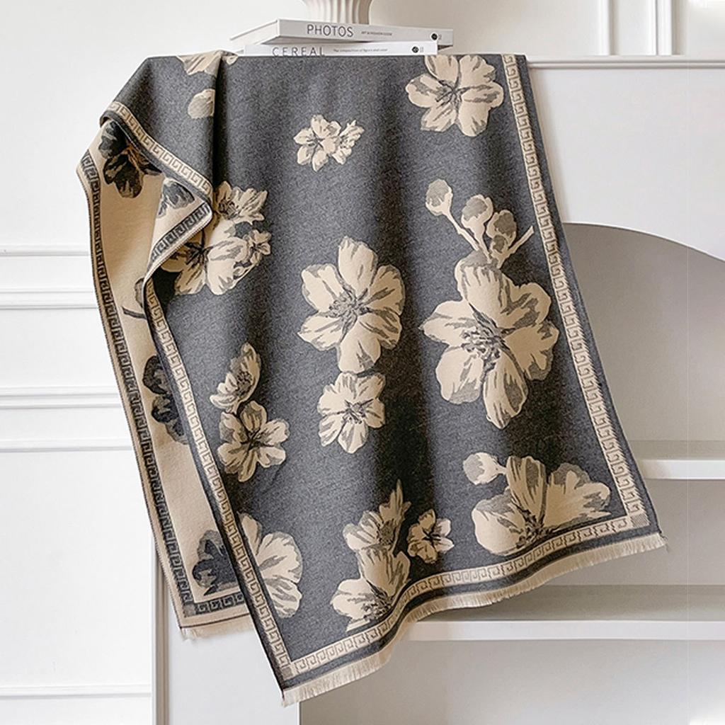 Autumn And Winter Trend Black And White Imitation Cashmere Flower Print Outer Shawl Women'S Personality Niche Shawl Scarf