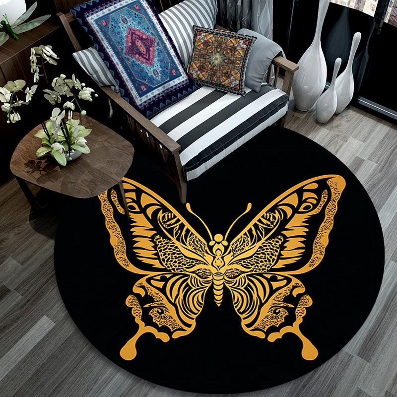 Golden Butterfly Round Area Rug,Carpet Rug for Living Room Bedroom Sofa Playroom Decor,Non-slip Floor Mat