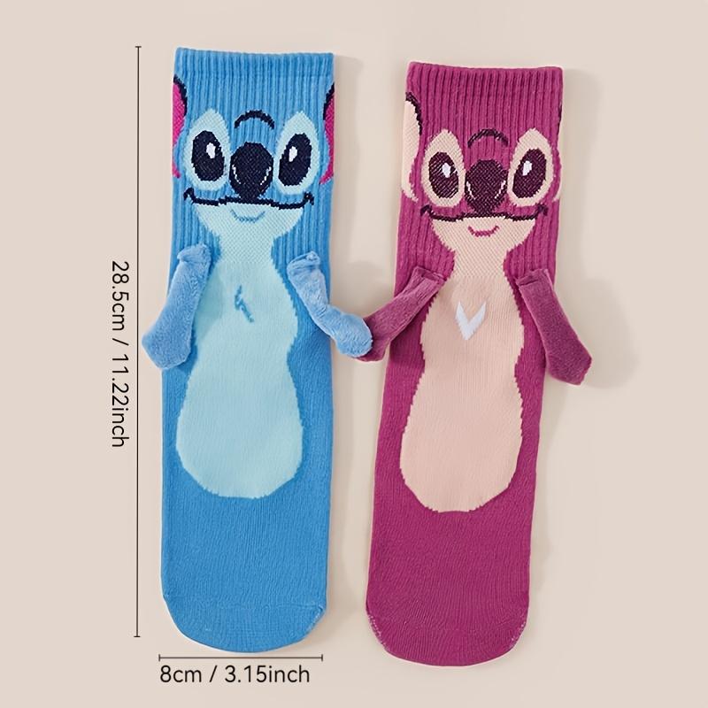 Disney Stitch Halbes Paar Stitch Händchen haltende Socken Rosa und Blaue Farbkombination Mittelhohe Socken Cartoon Paar Socken, Atmungsaktiv und Modisch