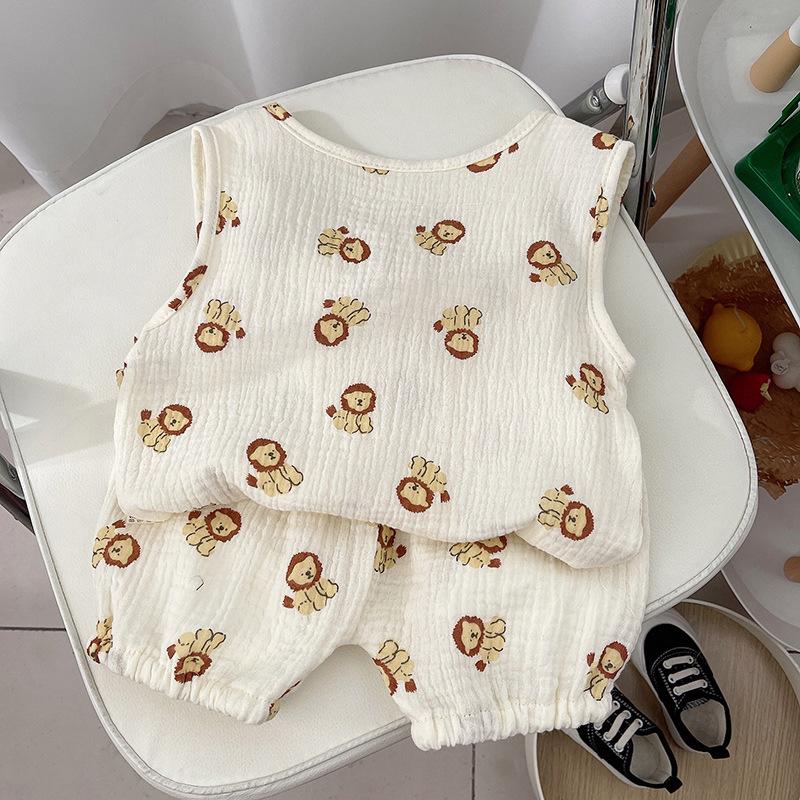 New Arrival Korean Style Cute Baby Gauze Homewear Set Children's Breathable Loose Sleeveless Shorts 2-Piece Set