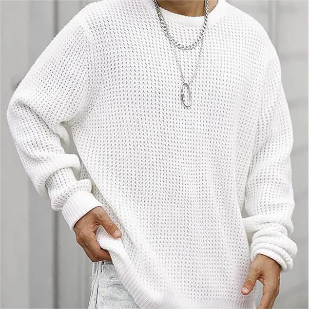 Men S Loose Long Sleeve Crew Neck Solid Color Knit Sweater M